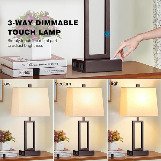 Lolikit 23.5" Touch Control Table Lamps, Metal Bedside Lamp for Bedroom Set of 2 with USB A+C Ports & AC Outlet, 3-Way Dimmable Nightstand Lamp for Living Room (LED Bulb Included)
