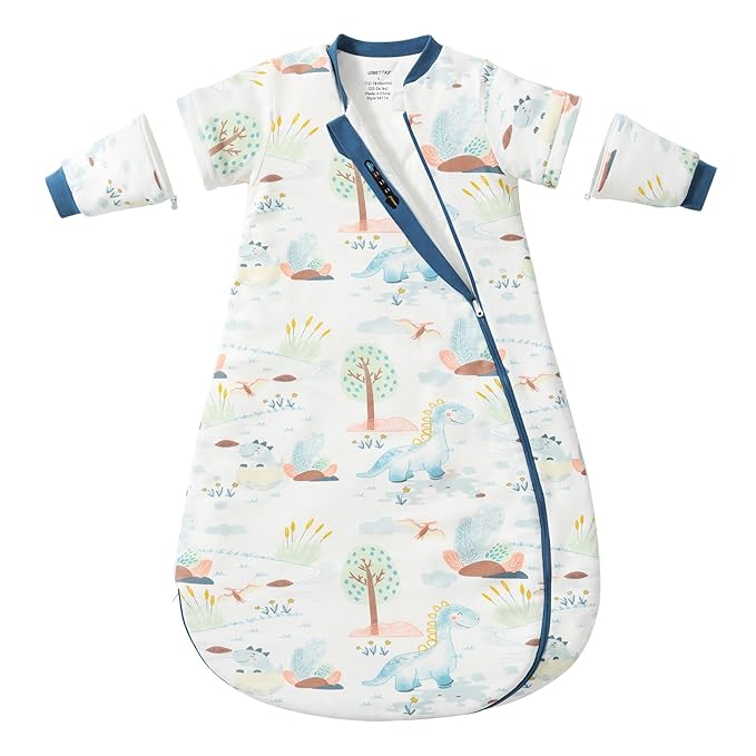 Baby Sleep Sack 3–6 Months, 2.5 TOG Warm Cotton Sleep Sack with Detachable Long Sleeves, Winter Wearable Blanket for Cold Nights, 2-Way Zipper Toddler Sleeping Sack, Dinosaur