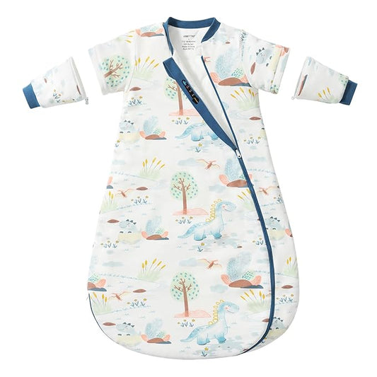 Baby Sleep Sack 12–18 Months, 2.5 TOG Warm Cotton Sleep Sack with Detachable Long Sleeves, Winter Wearable Blanket for Cold Nights, 2-Way Zipper Toddler Sleeping Sack, Dinosaur