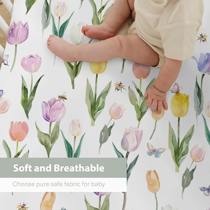 Watercolor Tulips Bees Baby Crib Sheets for Boy Girl 52"x28" Colorful Spring Floral Butterflies Soft Snug Fitted Crib Mattress Cover Garden Flowers Baby Sheet for Standard Crib & Toddler Mattress