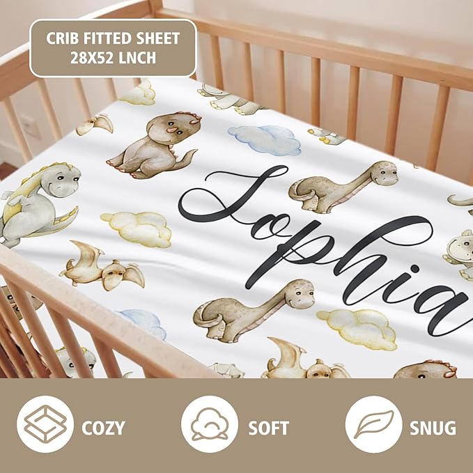 Custom Name Crib Bedding Set 3-Piece – Cute Dinosaur Design Baby Bedding Set with Personalized Soft Blanket, Fitted Sheet, Changing Pad Cover – Ideal Newborn Gift for Boys and Girls