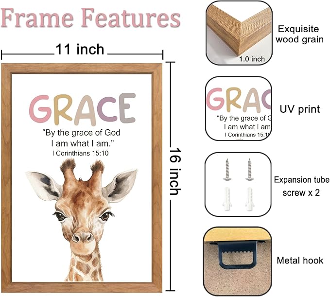 Cute Giraffe Elephant Tiger Zebra Quote Framed Wall Art Set of 4, 11x16 Boho Educational Grace Love Courage Hope Saying Sign for Baby Girl Kid Boy Toddlers, Wooden Inspirational Nursery Wall Decor