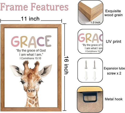 Cute Giraffe Elephant Tiger Zebra Quote Framed Wall Art Set of 4, 11x16 Boho Educational Grace Love Courage Hope Saying Sign for Baby Girl Kid Boy Toddlers, Wooden Inspirational Nursery Wall Decor
