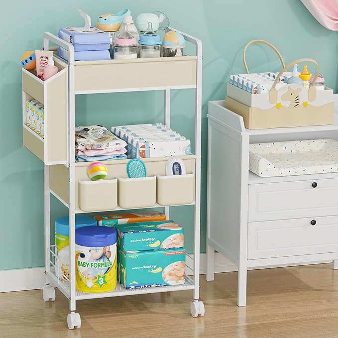 JBBTOOL 3-Tier Baby Diaper Caddy Cart with Wheels, Nursery Storage Organizer with Dividers & Pockets, Mobile Metal Utility Cart for Baby Essentials, Bedroom, Kitchen & Office