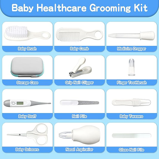 Baby Healthcare and Grooming Kit, Baby Safety Care Set, Baby Electric Nail Trimmer Set Newborn Nursery Health Care Set for Newborn Infant Toddlers Baby Boys Girls Kids (Grey White-18 Kits)
