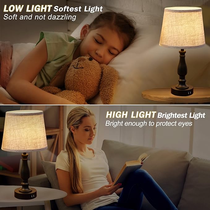 EJIAXIN Table Lamps Set of 2, Bedside Nightstand Lamps with USB Charging Ports,Dimmable Touch with Linen Fabric Lampshade, Modern Small Lamp for Bedrooms, Living Room (Bulbs Included)