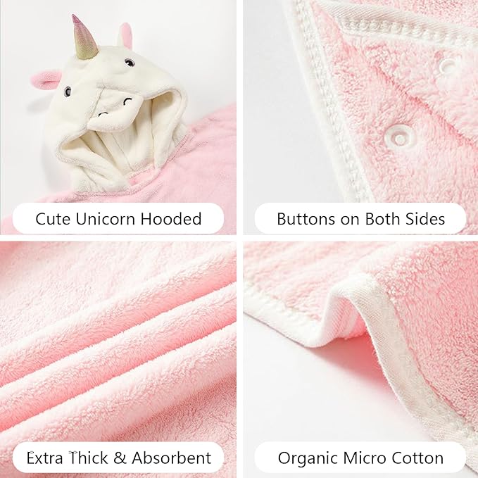 PINNKKU 3D Unicorn Hooded Towel, Ultrasoft & Absorbent Bath Towel for Babies, Infant, Toddler and Kids, Beach Poncho Towels, Gifts for Girl 28" x 55" (Pink)