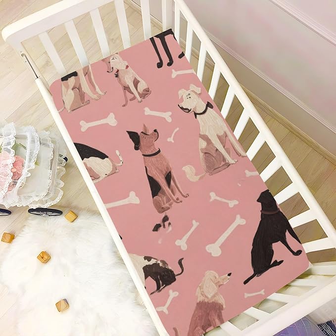 Pink Dog and Bone01 Crib Sheets Standard Crib Toddler Mattresses Cover Fitted Baby Bed Sheet Breathable Crib Mattress Sheet for Girls Boys 39''x27''x9''