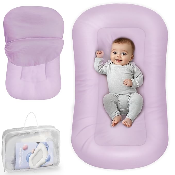 Baby Lounger - Baby Lounger for Newborn, 0-24 Months, Infant Lounger for Home and Travel, Soft Cotton, Baby Nest Lounger, Newborn Babies Essentials Gifts, Purple (Lounger Cover Included)