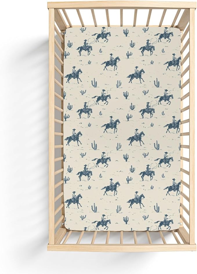 Vintage Cowboys Baby Crib Sheets for Boy Girl 52"x28" Retro Western Cowboy Horse Cactus Soft Stretchy Fitted Crib Mattress Cover Wild Desert Baby Sheet for Standard Crib and Toddler Bed Mattress