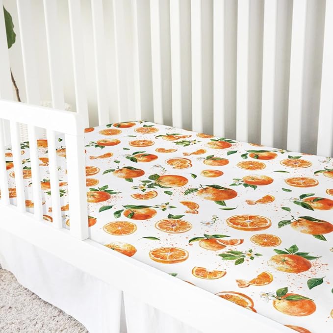 Watercolor Oranges Baby Crib Sheets 52''x28'' Retro Oranges Floral Leaves Stretchy Fitted Crib Mattress Cover for Boy Girl Boho Summer Fruits Soft Bed Sheets for Standard Crib Toddler Mattress