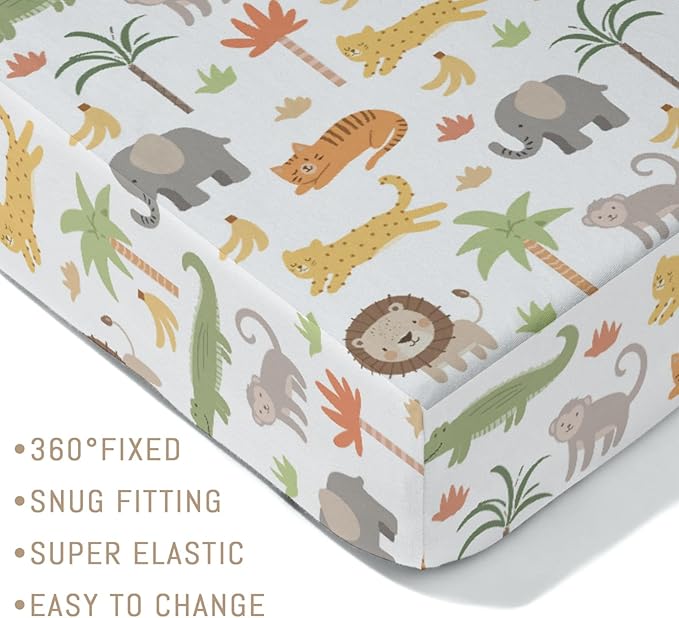 Jungle Safari Animal Baby Crib Sheets for Boys Girls Cute Lion Leopard Elephant Monkey Soft Snug Fitted Crib Mattress Covers for 52''x28'' Standard Crib & Toddler Mattress Safari Adventure Bed Sheets