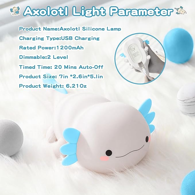 FAMIDUO Axolotl Night Light,Cute Axolotl Lamp,Food Grade Silicone Nursery Nightlight,Rechargeable/Dimmable LED Squishy Novelty Animal Bedside Touch Lamp,Baby Room Decor, Axolotl Gifts for Kids/Boys