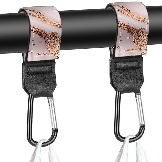 Stroller Straps, Mommy Hooks Diaper Bags, Universal Shopping cart, Wallet, Backpack - 2 Packs (Golden Marble)