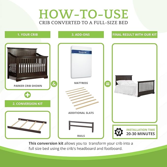Full-Size Conversion Kit Bed Rails for Evolur Cribs - Solid Wood Crib Convertible Kit to Kids Bed - Transitional Style Rails & Easy-to-Install Child Essentials for Safety (Café Noir or Stone)