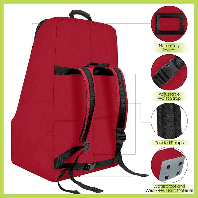 ZRRAJOY Padded Car Seat Travel Bag for Airplane, Heavy Duty Backpack for Air Travel, Water-Resistant Carrier with Shoulder Strap, Fits Most Car Seats (Red)