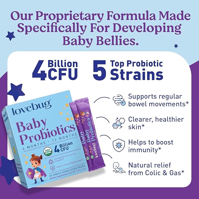 LOVEBUG Probiotics for Babies - Organic Baby Probiotics 6-12 Months for Baby Immune Support, Gas, Colic, Diarrhea & Infant Constipation Relief Sugar-Free, Tasteless Powder, 30 Pack