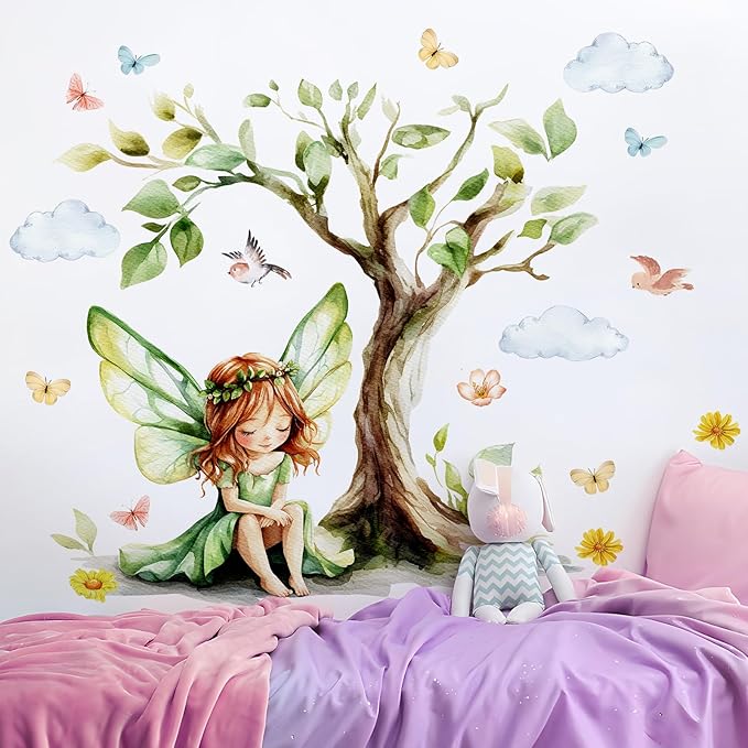 DRWSSR 2Sheets Removable Cartoon Green Butterfly Elf Girl Decals Fairy Wall Decals DIY Tree and Leaves Wall Sticker Peel and Stick Butterfly Bird Art for Girls Room Living Room Bedroom Bathroom Decor