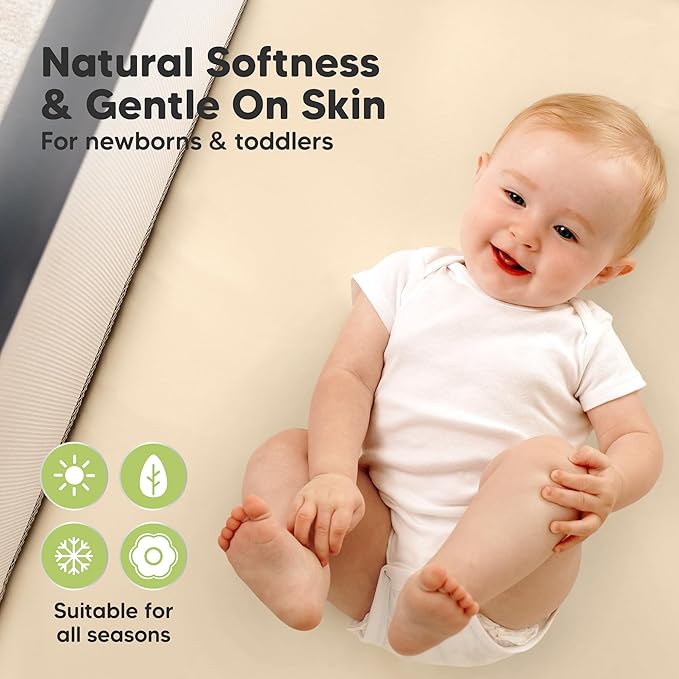 2 Pack and Play Sheets, Waterproof Mini Crib Sheets Fitted - 38x26 Organic Cotton Pack N Play Sheets for Graco Pack and Play Mattress, Playard Baby Crib Sheets,Neutral for Boy,Girl,Toddler(Macadamia)