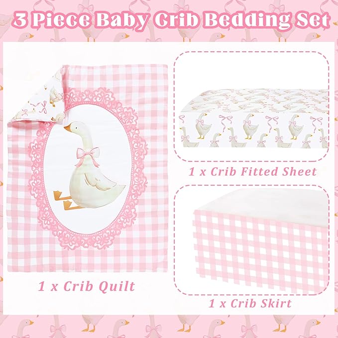3 Pcs Baby Crib Bedding Set Silly Goose Baby Crib Sets Goose Nursery Decor Includes Quilt, Fitted Sheet, Skirt for Girl(Pink)
