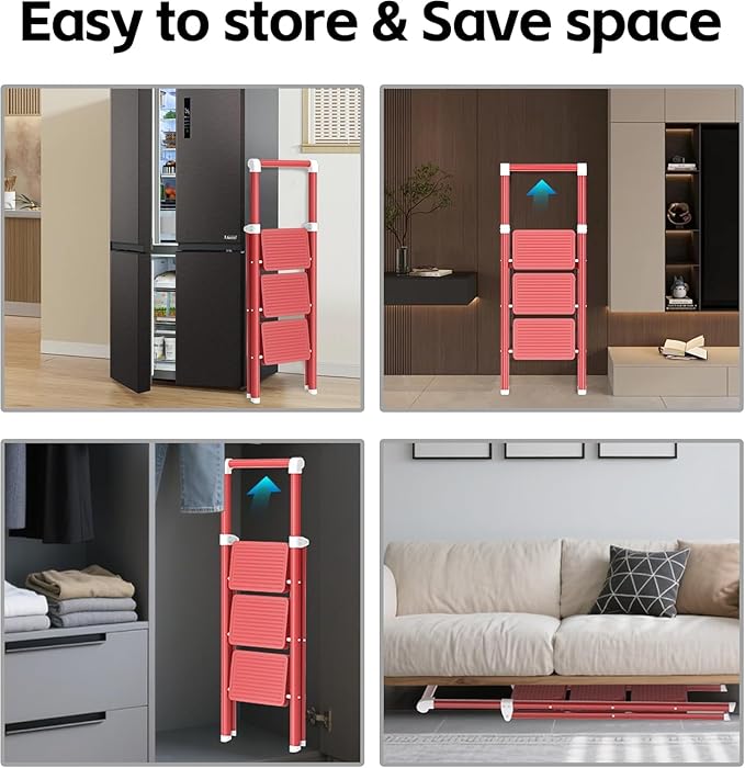 3 Step Ladder, DIAMONDFORGE Foldable Step Stool with Wide Non-Slip Pedal, Non-Slip Feet and Hand Grip, Durable Steel Build, Steel Step Ladder for Home Use, Red White