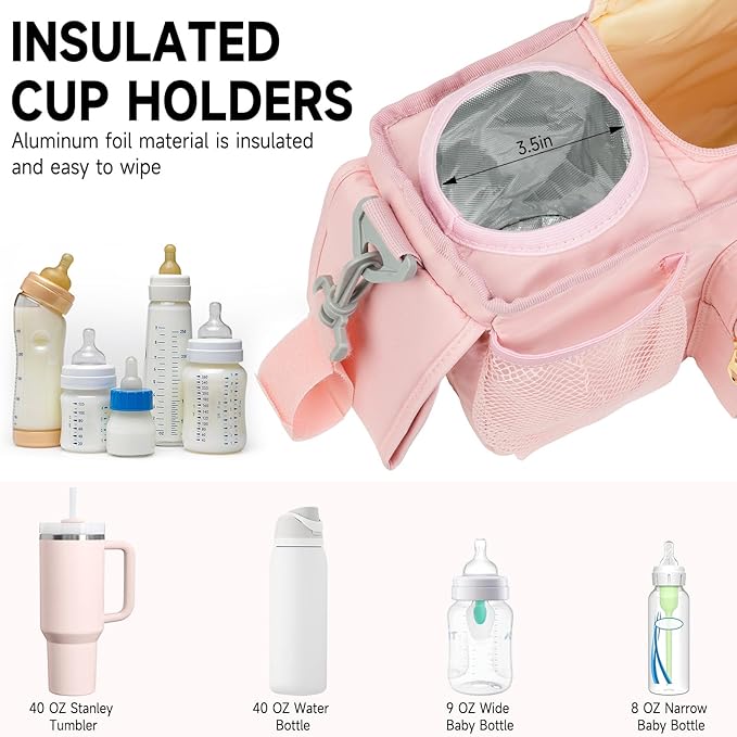 Universal Stroller Organizer with Insulated Cup Holder,Stroller Caddy Bag with Wet Wipes Pocket,Stroller Accessories Fits for Uppababy,Doona,Jogger,Britax,Mompush,BoB Strollers,Pink