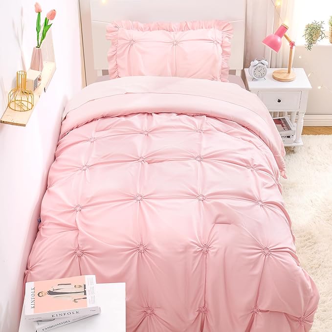 Wowelife Twin Comforter Set for Girls, Boho Pintuck Bedding Comforter Sets, 4 Pieces Ruffles Jacquard Embroidery Twin Bedding Sets with Comforter, Fitted Sheet, Flat Sheet and Pillowcase, Pink