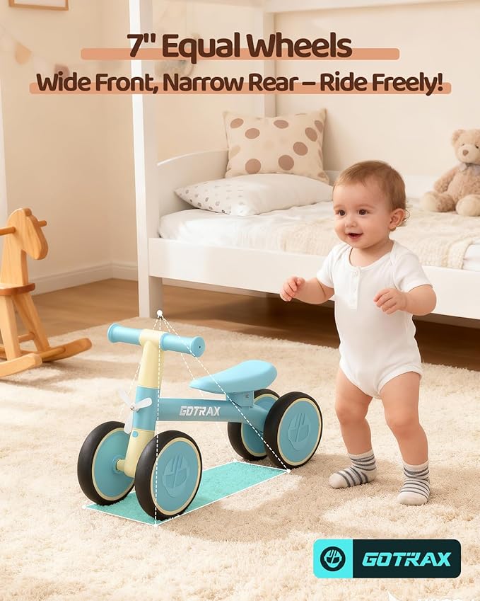 Gotrax Baby Balance Bike 1-2 Years, 7" Front & Rear Silent Wheels, Sturdy Steel Frame 66 lbs Load, Quick 2-Min Assembly, CPC Certified, Comfortable Soft Seat, Toddler Birthday Gift for Boys&Girls Blue