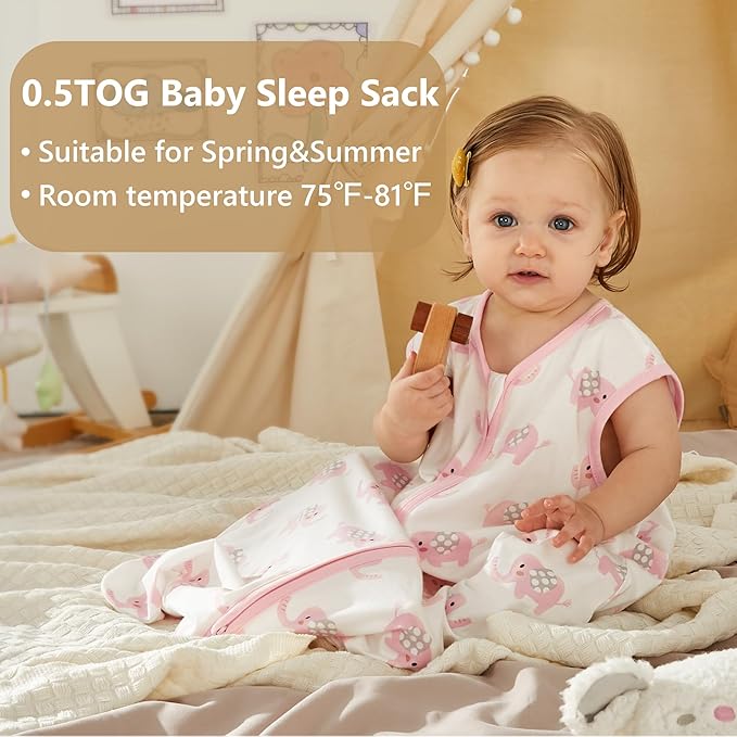 TILLYOU 2 Pack Infant Sleep Sack 0-6 Months 100% Cotton Wearable Blanket 0.5 TOG Sleeveless Summer Sleep Sacks with 2-Way Zipper, Pink Elephant