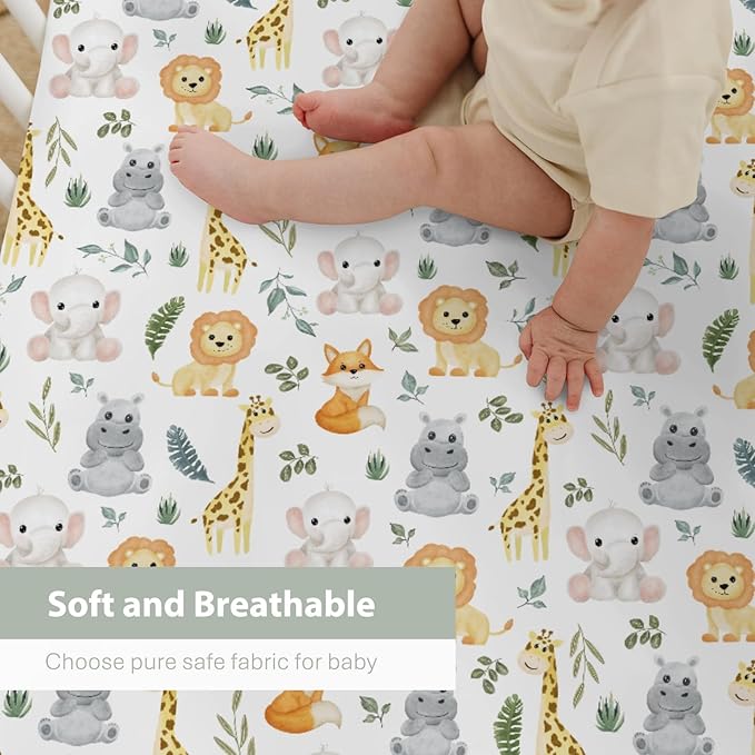 Safari Animals Baby Crib Sheets for Boy Girl 28"x52" Lion Giraffe Elephant Hippo Tropical Leaves Soft Snug Fitted Crib Mattress Cover Zoo Jungle Nursery Baby Sheet for Crib & Toddler Bed Mattress