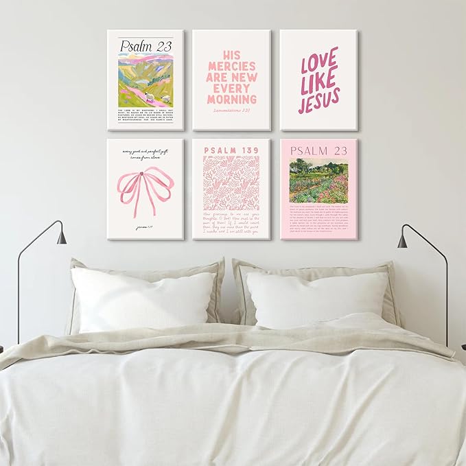 Christian Wall Art Pink Bible Verse Canvas Wall Decor Trendy Preppy Room Poster Cute Girls Scripture Pictures Decor Floral Bow Religious Prints Nursery Artwork for Bedroom 8x10x6 Inch Wrapped Canvas