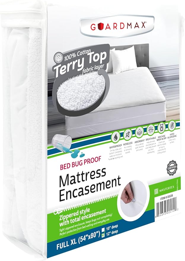 Guardmax Terry Cotton Zippered Mattress Encasement - Full XL Size - 100% Waterproof and Bed Bug Proof Mattress Protector - Absorbent Six-Sided Mattress Cover (Terry Cotton, Full XL)