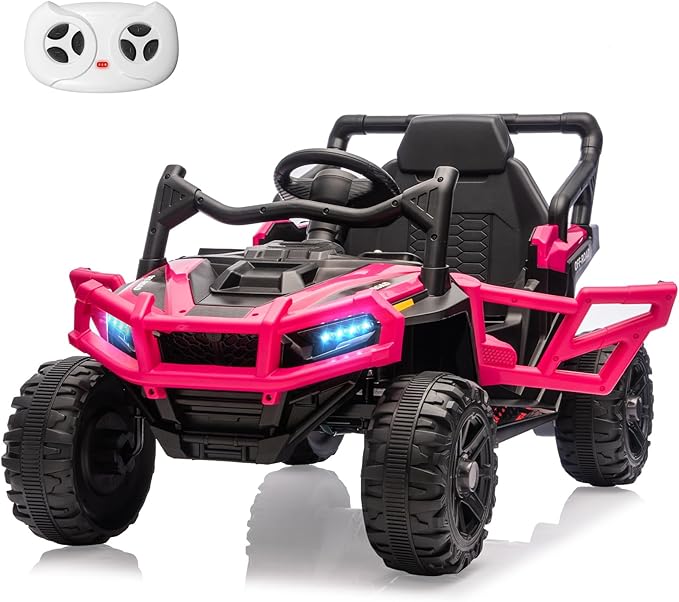 24V Kids Ride on Truck Car Remote Control, Twin 55W Motors 4MPH Max Speed Off-Road UTV, Bluetooth Music, Suspension System Safety Belt, Electric Vehicles Gift for Boys & Girls-Rosy