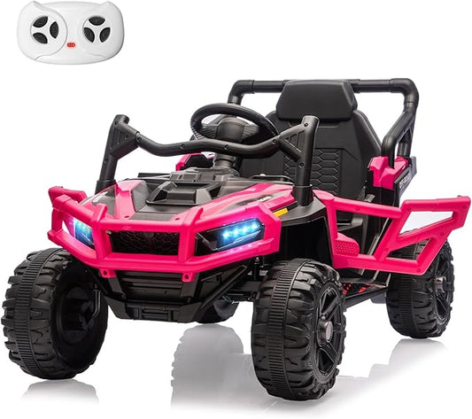 24V Kids Ride on Truck Car Remote Control, Twin 55W Motors 4MPH Max Speed Off-Road UTV, Bluetooth Music, Suspension System Safety Belt, Electric Vehicles Gift for Boys & Girls-Rosy