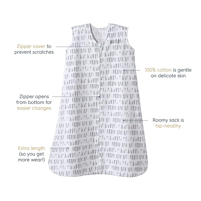 HALO SleepSack, 100% Cotton Wearable Blanket, Swaddle Transition Sleeping Bag, TOG 0.5, Squares and Triangles, Grey, X-Large, 18-24 Months