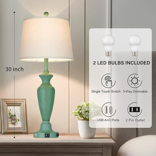 Cinyirong 30" Tall Metal Table Lamps Set of 2, Touch Control Bedside Lamps for Bedroom Nightstand, 3-Way Dimmable Farmhouse Lamp for Living Room with Charging Ports, Retro Green (2 LED Bulbs Included)