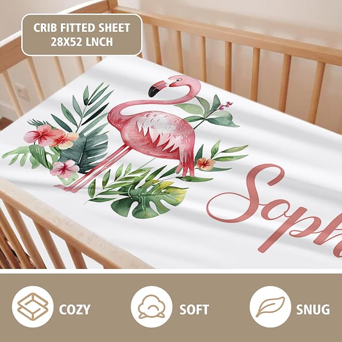 Personalized Baby Crib Bedding Set, Custom Name Flamingo Design Baby Bedding 2-Pcs Set-Soft Double Layer Dotted Blanket and Fitted Sheet, Nursery Bedding for Newborn Boys Girls, Perfect Shower Gift