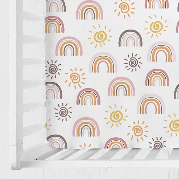 Boho Sunshine Rainbow Baby Crib Sheets 52''x28'' Colorful Rainbow Sun Stretchy Fitted Crib Mattress Cover for Boy Girl Soft Baby Nursery Bed Sheet for Standard Crib and Toddler Mattresses