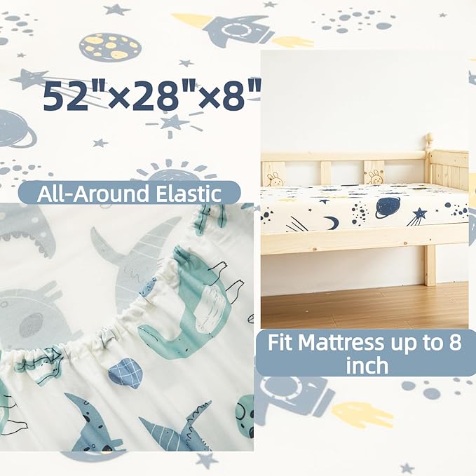SDIII 2 Pack Space and Dinosaur Crib Sheets for Boys 52×28 Stretchy Microfiber Jersey Knit Fall Crib Sheets Boy for Standard Crib and Toddler Mattress