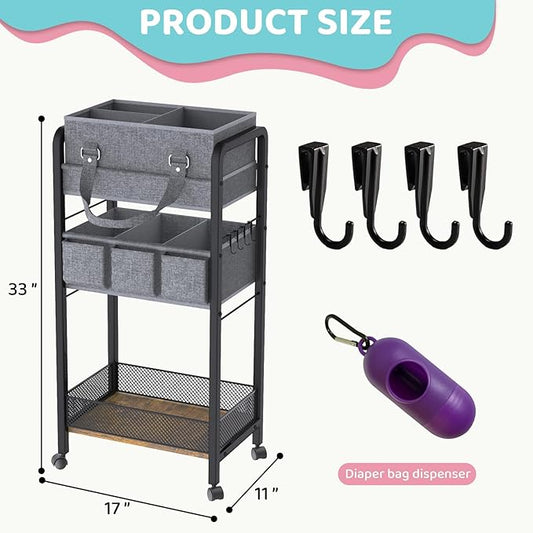 JRANBRJS 2IN1 Baby Diaper Caddy Organizer-3 Tier Rolling Storage Cart with Dividers - Bedside Diaper Caddy Cart for Baby Nursery Newborn Essentials-Mobile Utility Carts with Wheels for Changing Table