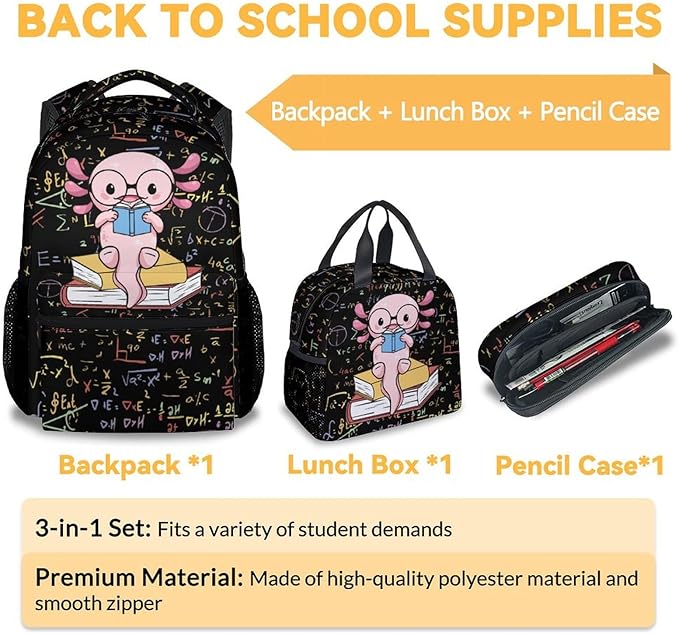 Mercuryelf Axolotl Boys Girls Backpack with Lunch Box Set, 3 in 1 School Travel Backpacks Matching Combo, Black Cute Bookbag and Pencil Case Bundle