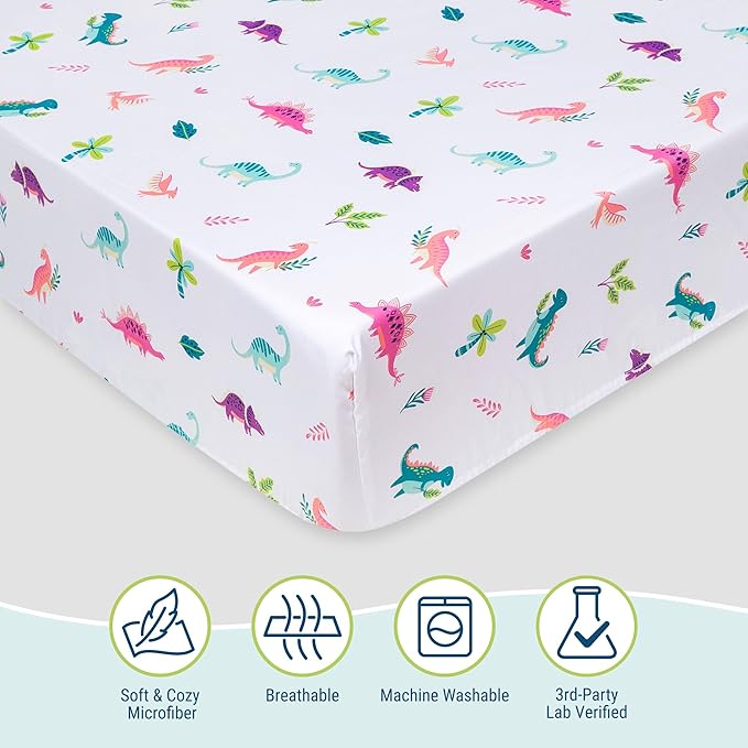 Wildkin Kids 100% Microfiber Crib Sheet – Soft, Breathable Fitted Sheet - Darling Dinosaurs