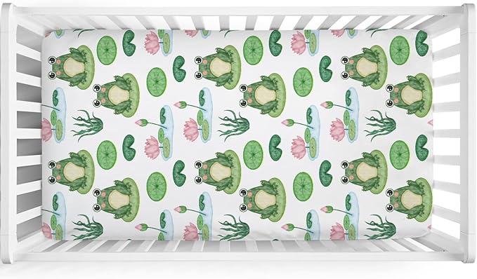 Funny Frogs Flower Leaves Pond Baby Crib Sheets 52''x28'' Water Lilies Lake Stretchy Fitted Crib Mattress Covers for Boy Girl Animal Soft Nursery Bed Sheets for Standard Crib and Toddler Mattresses