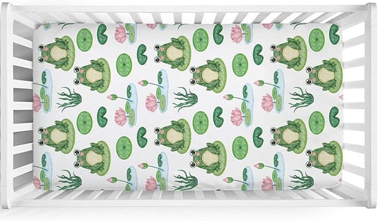 Funny Frogs Flower Leaves Pond Baby Crib Sheets 52''x28'' Water Lilies Lake Stretchy Fitted Crib Mattress Covers for Boy Girl Animal Soft Nursery Bed Sheets for Standard Crib and Toddler Mattresses