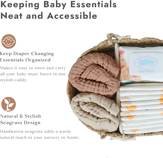 YANGQIHOME Diaper Caddy Organizer, Seagrass Nursery Baby Basket for Baby Essentials, Scalloped Wicker Diaper Caddy, Baby Shower Gifts (MeadowNest)