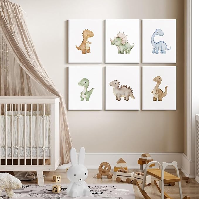 Dinosaur Nursery Wall Art Kids Canvas Poster Boys Room Wall Decor Watercolor Dino Wall Art Toddler Baby Pictures Dinosaur Prints Nursery Artwork for Boys Room Bedroom 12x16x6 Inch Ready to Hang