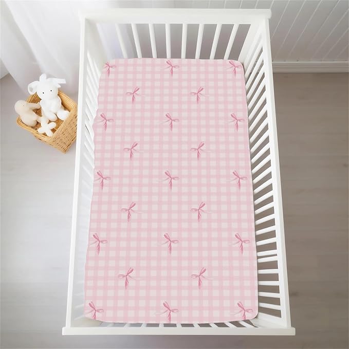 Watercolor Pink Bows Checkered Baby Crib Sheets for Girls Pastel Pink Bows Ribbon Plaid Soft Snug Fitted Crib Mattress Covers for 52''x28'' Standard Crib & Toddler Mattress Girly Valentine Bed Sheets