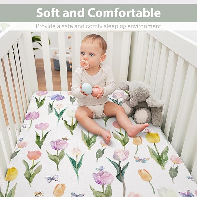 Watercolor Tulips Bees Baby Crib Sheets for Boy Girl 52"x28" Colorful Spring Floral Butterflies Soft Snug Fitted Crib Mattress Cover Garden Flowers Baby Sheet for Standard Crib & Toddler Mattress