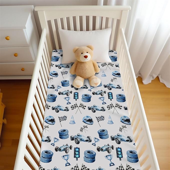 Cute Race Car Flag Baby Crib Sheets for Boy Girl 28x52 Inch Breathable Blue Races Vehicle Trophy Traffic Light Vehicles Fitted Crib Mattress Cover for Standard Crib and Toddler Mattress Car One Size