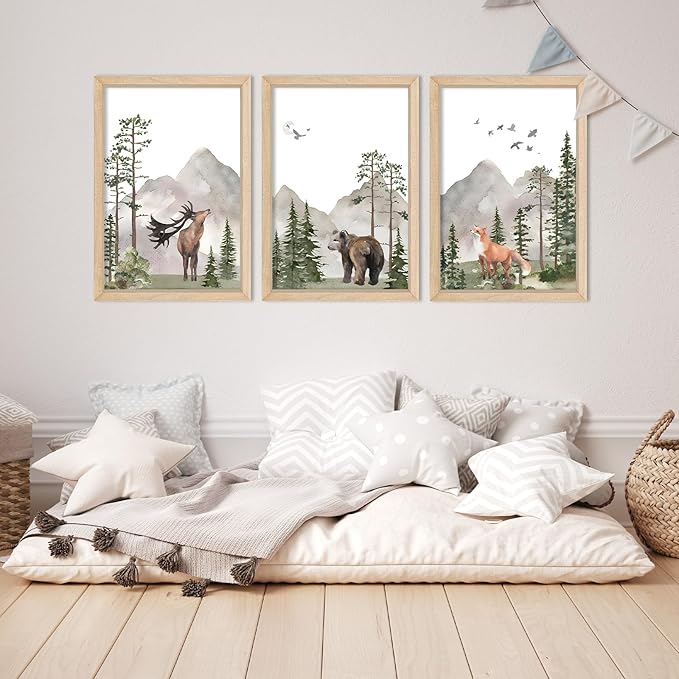 YWJKWLGS Wild Woodland Animals Nursery Wall Art Decor 11"×16" Set of 3 Jungle Theme Safari Forest Deer Bear Fox Posters Wood Framed Sign for Children's Boys Girls Room Watercolor Prints Hanging (Wood)